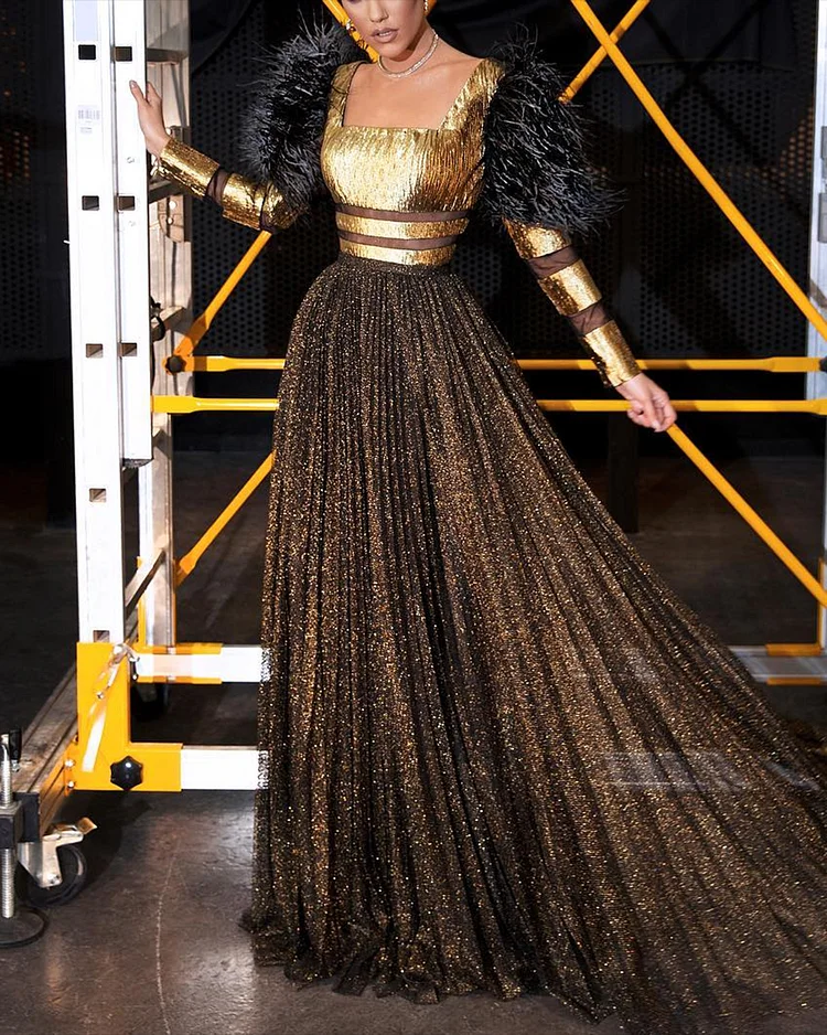 Women's Long Sleeve Feather Sequin Pleated Dress