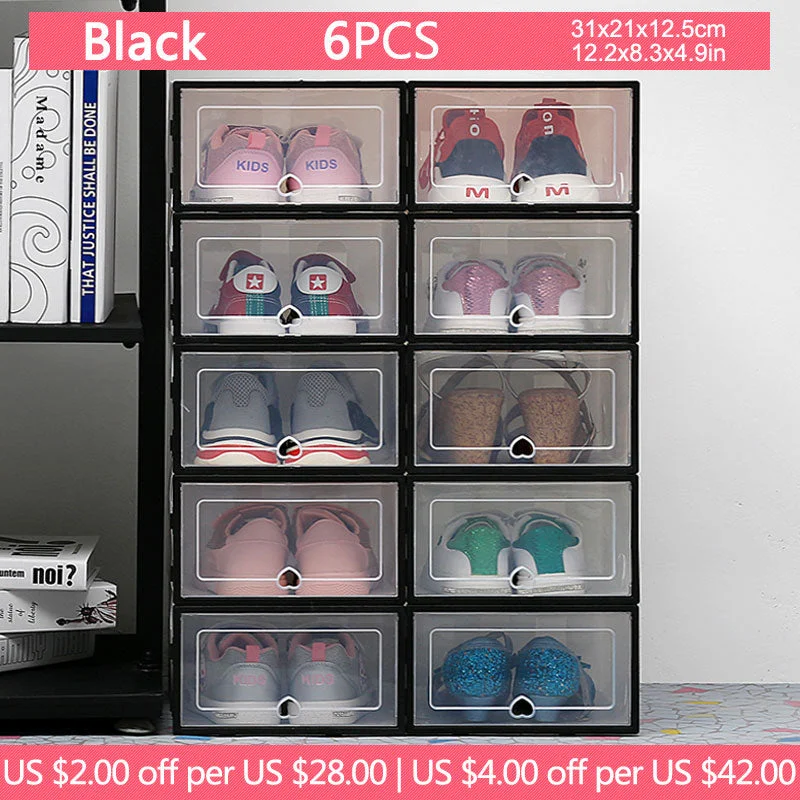 6Pc transparent shoe box thickened transparent dustproof shoe storage box can be stacked combination shoe cabinet shoe organizer