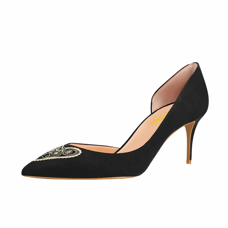 Women's Lelia Black Heart Shape Pattern Print Pointy Toe Stiletto Heels Vegan Suede D'orsay Pumps |FSJ Shoes