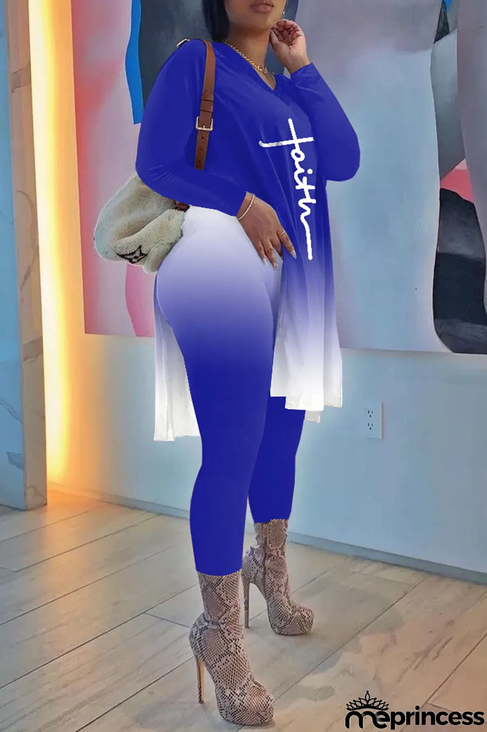 Red Fashion Casual Gradual Change Print Patchwork Slit V Neck Long Sleeve Two Pieces