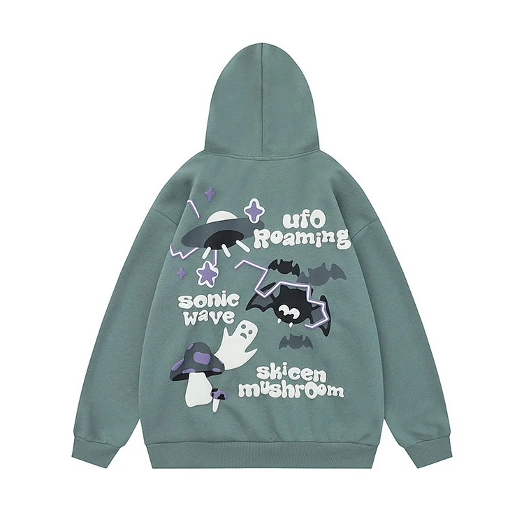 Retro Bat Ghost Hooded Sweatshirt Oversize Long Sleeve Jacket at Hiphopee