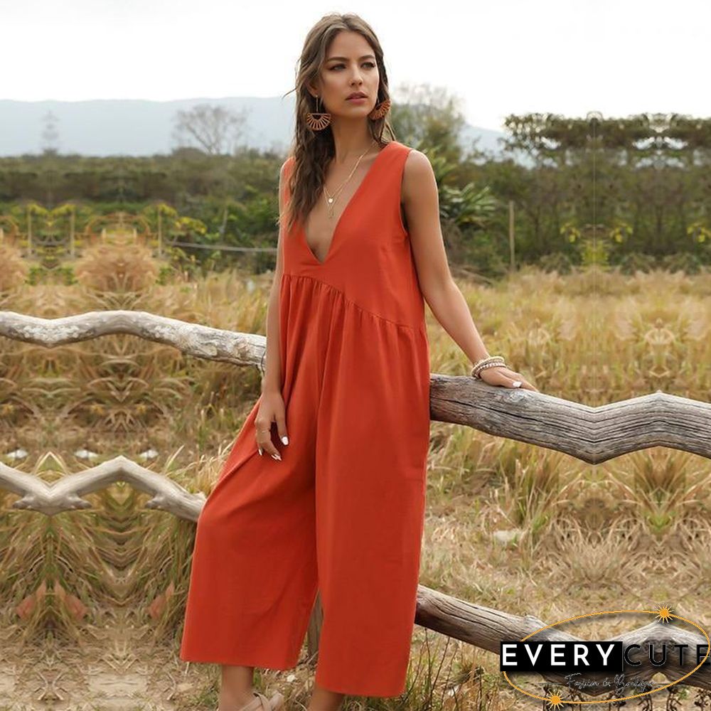 Spring Summer Fashion Jumpsuits Women Ankle-length Pants Loose Casual Solid Deep Neck New