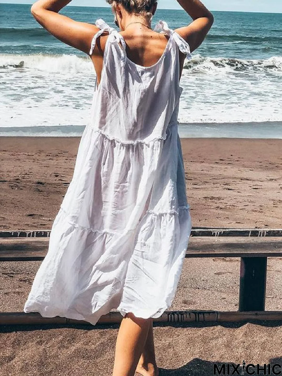 White Woman Casual Cotton V Neck Weaving Dress