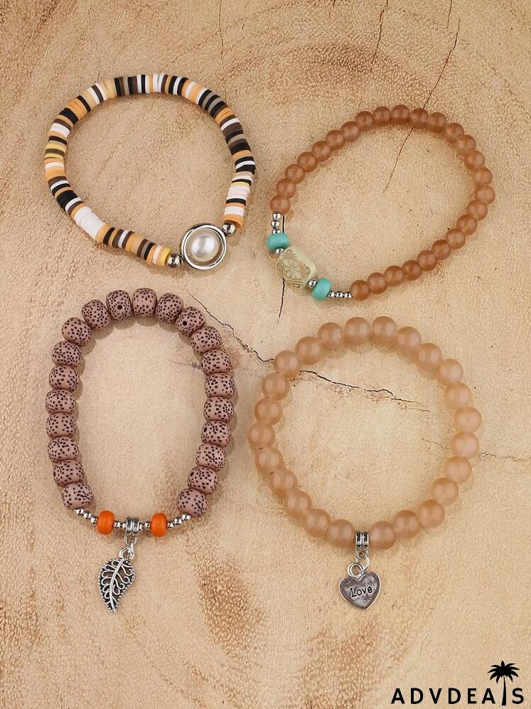 4pcs Letter Detail Heart Charm Beaded Bracelet