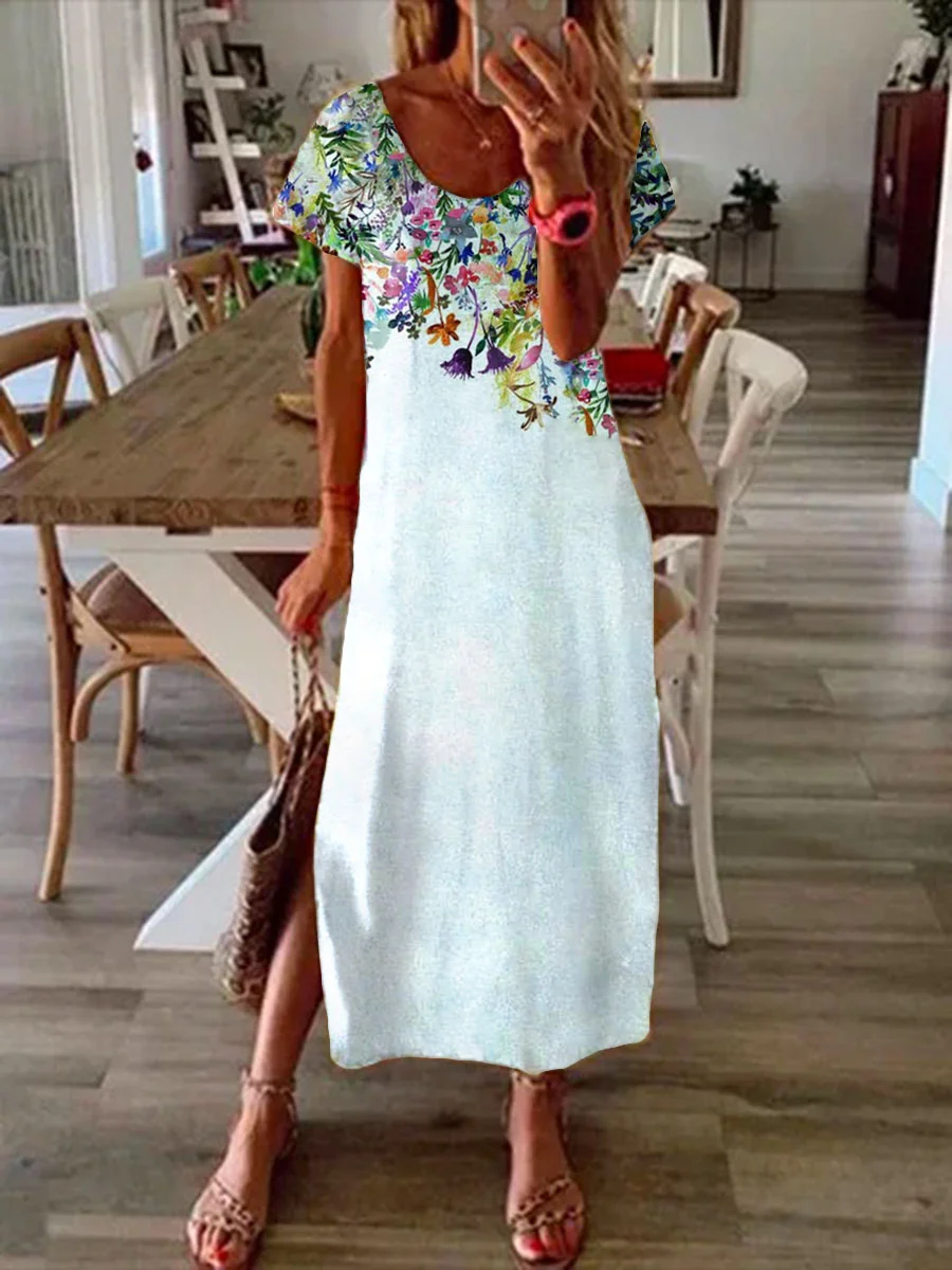Womens casual flower print round neck dress