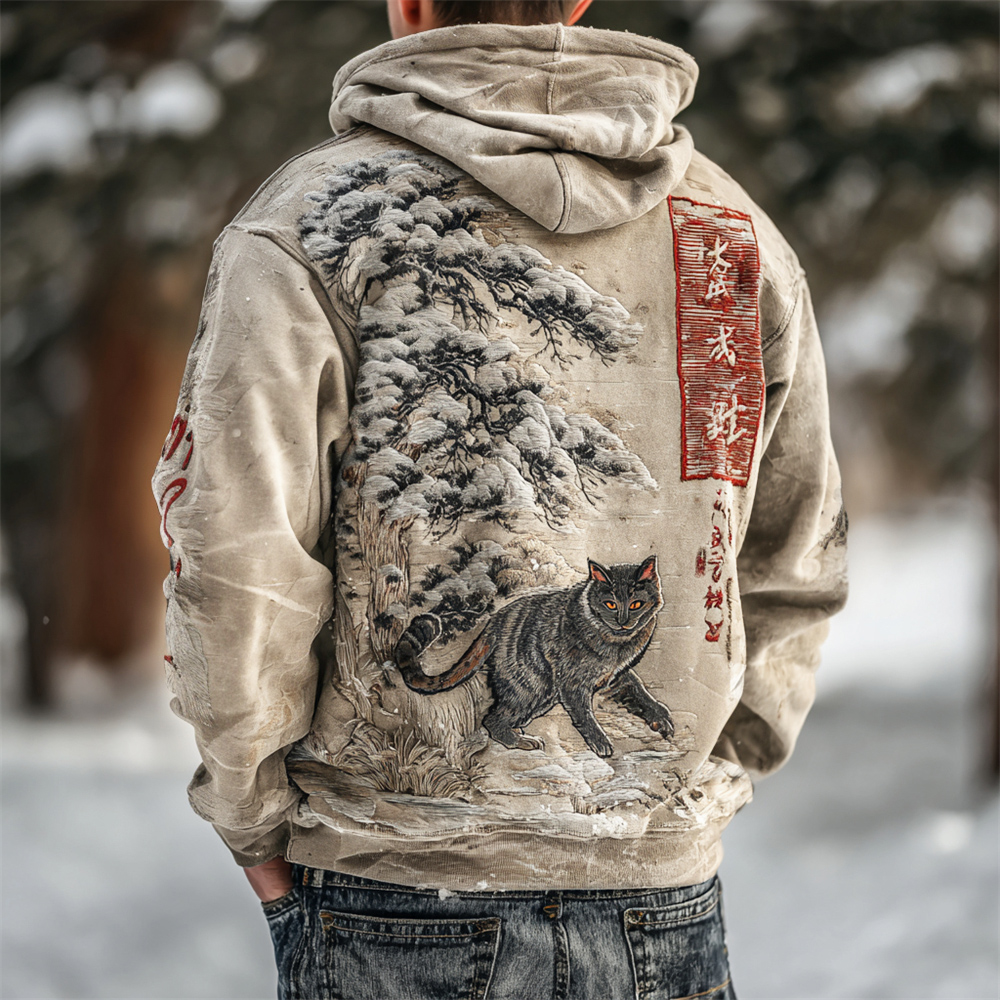 Japanese Cat & Snow Figure Embroidery Men's Hooded Sweatshirt  artssus