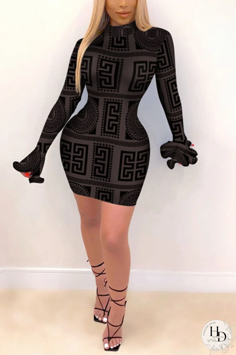 Black Fashion Sexy Print Basic O Neck Long Sleeve Dress