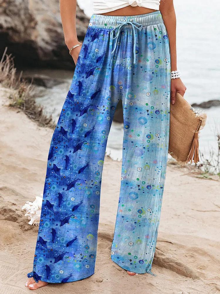 Women's Vintage Blue Ocean Art Print Cotton And Linen Casual Pants