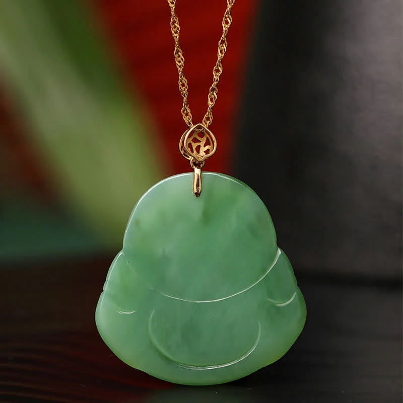 Laughing Buddha 925 Sterling Silver Hetian Cyan Jade Luck Chain Necklace Pendant