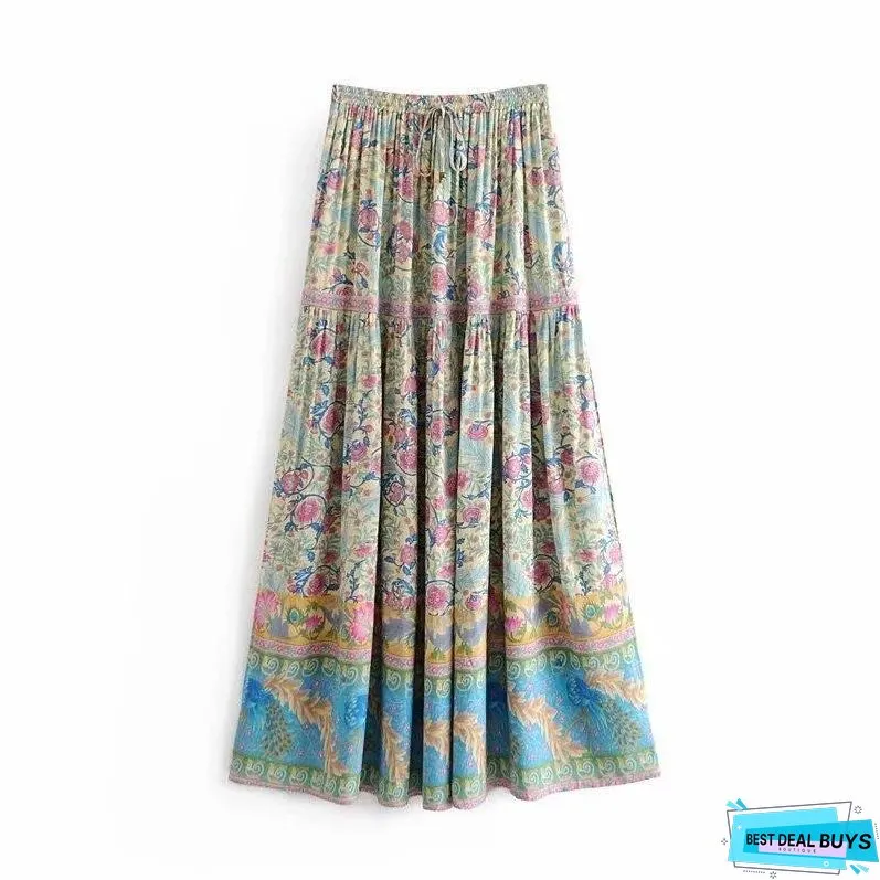 Spring New Elastic Waist Positioning Printing Large Swing Skirt