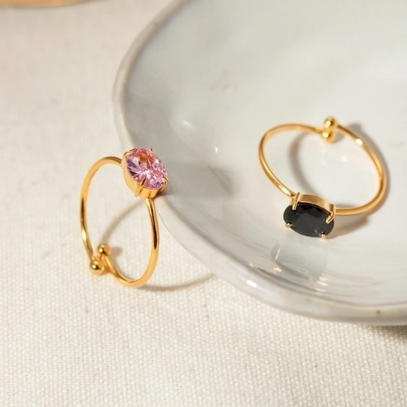 IG Style Shiny Oval 304 Stainless Steel Zircon 18K Gold Plated Inlay Open Rings