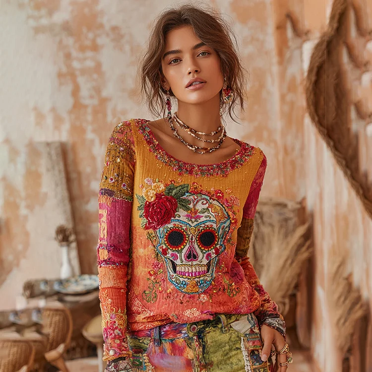 Women's Classic Mexican Sugar Skeleton Catrina Day Of The Dead Inspired Painting Embroidered Casual Linen Long Sleeve T-shirt