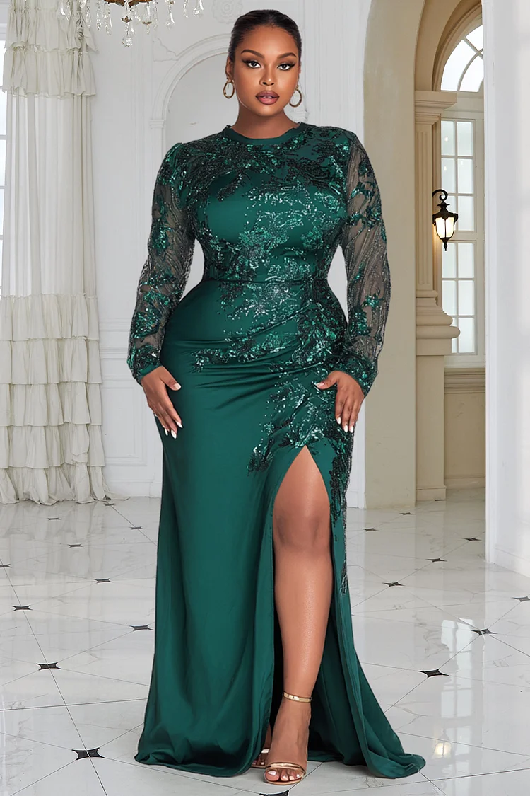 Xpluswear Design Plus Size Wedding Guest Green Round Neck Long Sleeve Split Elegant See Through Sequin Maxi Dresses [Pre-Order]