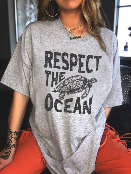 Women's Respect The Ocean Turtle Print Loose T-Shirt