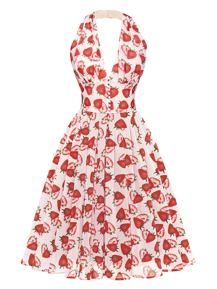 Pink 1950s Strawberry Halter Dress