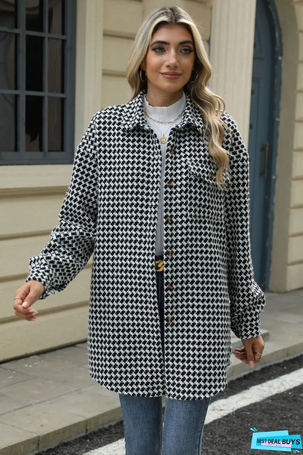 Houndstooth Button Up Dropped Shoulder Coat