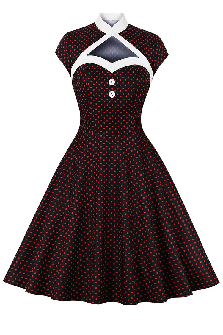 1950s Black Party Polka Dot Stand Collar Hollow Out Button Decor Mini Dress