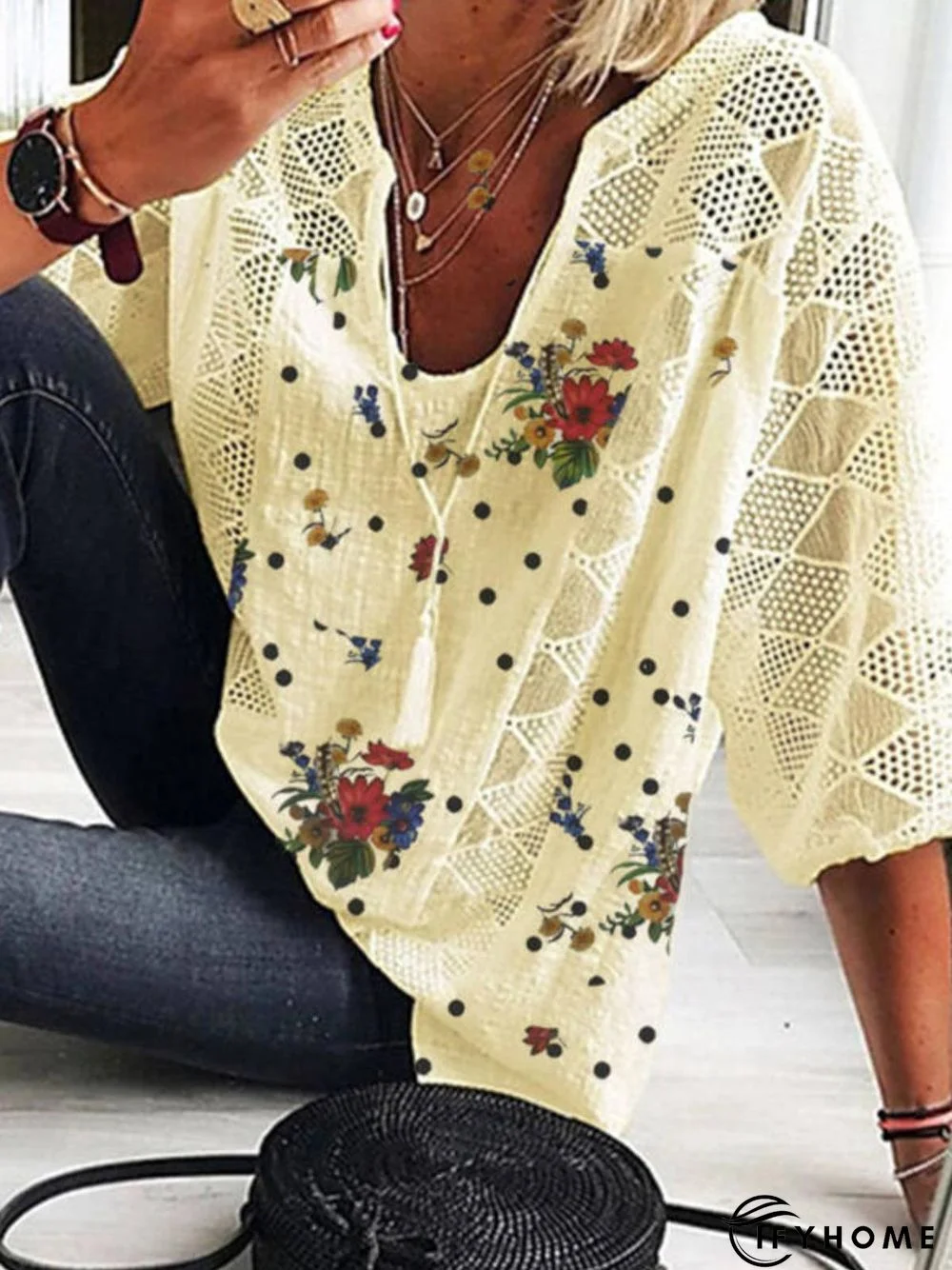 V Neck Printed 3/4 Sleeve Cotton Top | IFYHOME