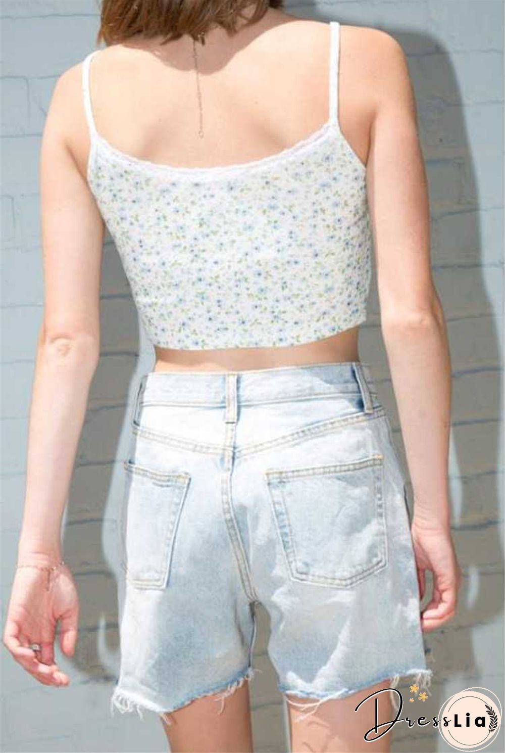 Ribbed Knit Flower Prints Cropped Cami Tops Lace Trim Tank