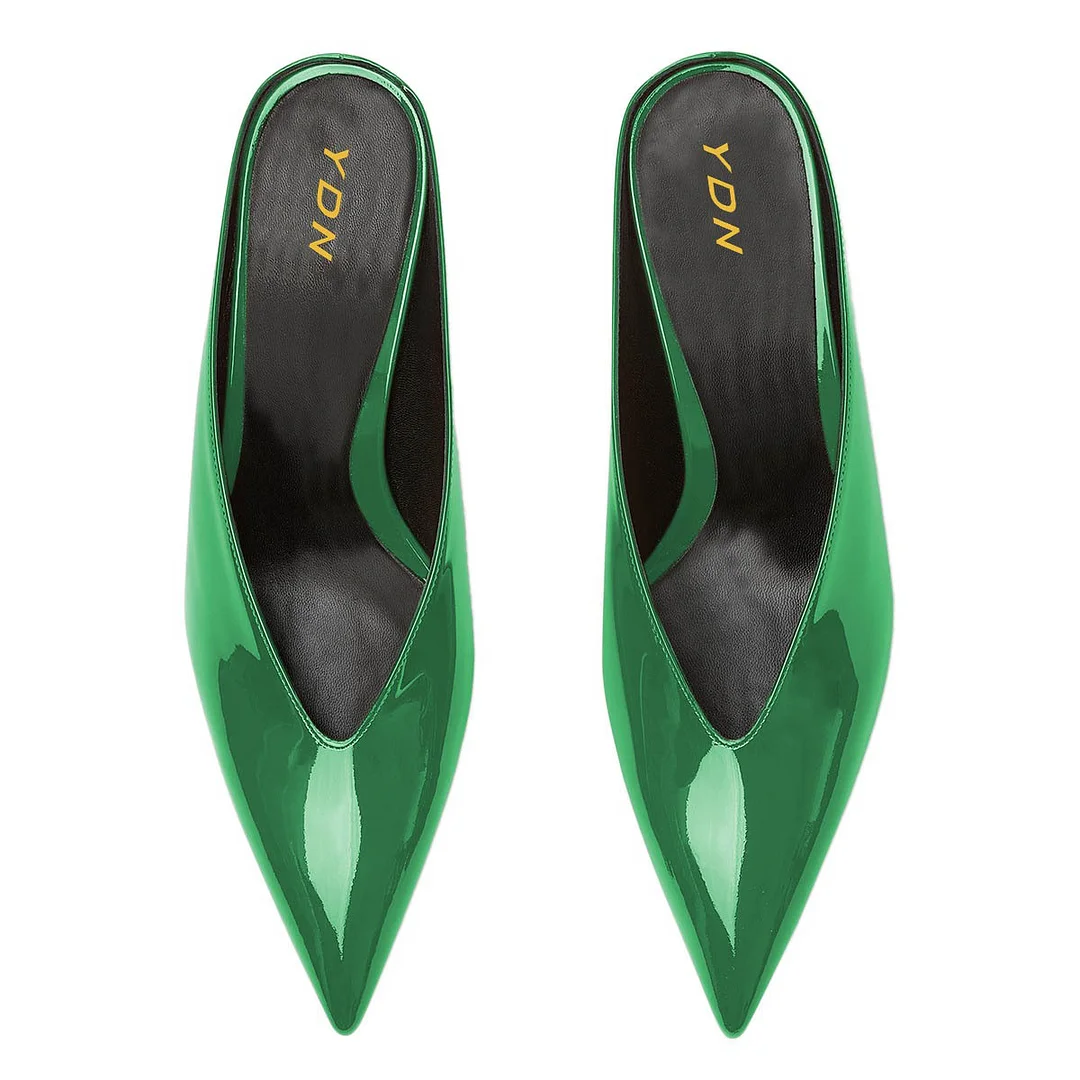 Green Patent Leather V-Cut Kitten Heel Pointy Toe Mules for Women