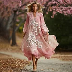 Women's Bohemian Cherry Blossom Pattern Casual V Neck Long Sleeve Dress - Image 2