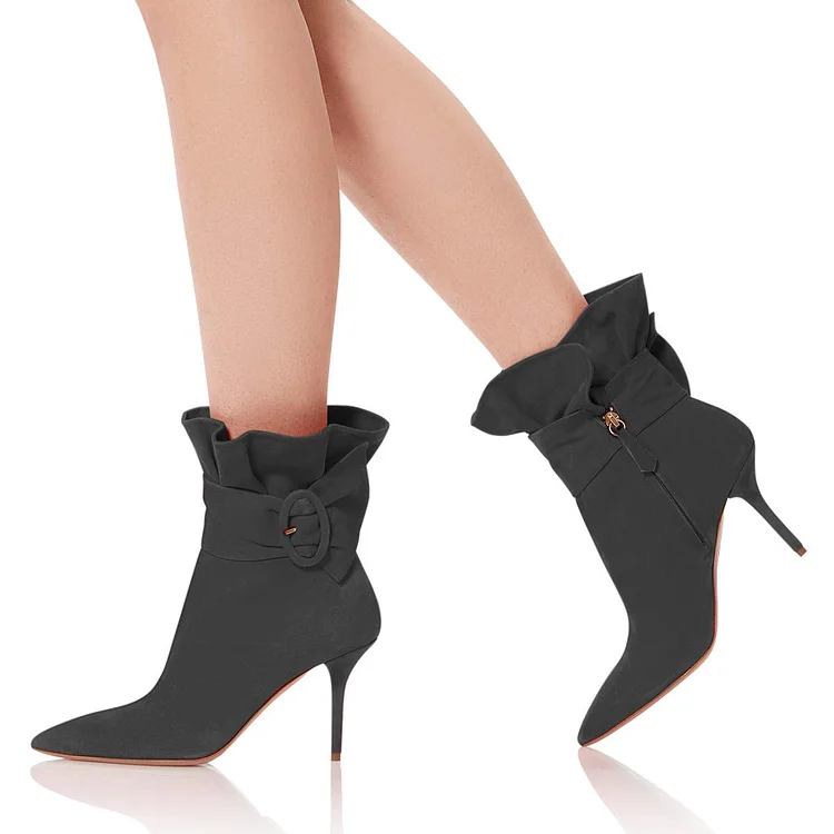 Dark Grey Ruffled Booties Pointed Toe Stiletto Heel Ankle Boots |FSJ Shoes