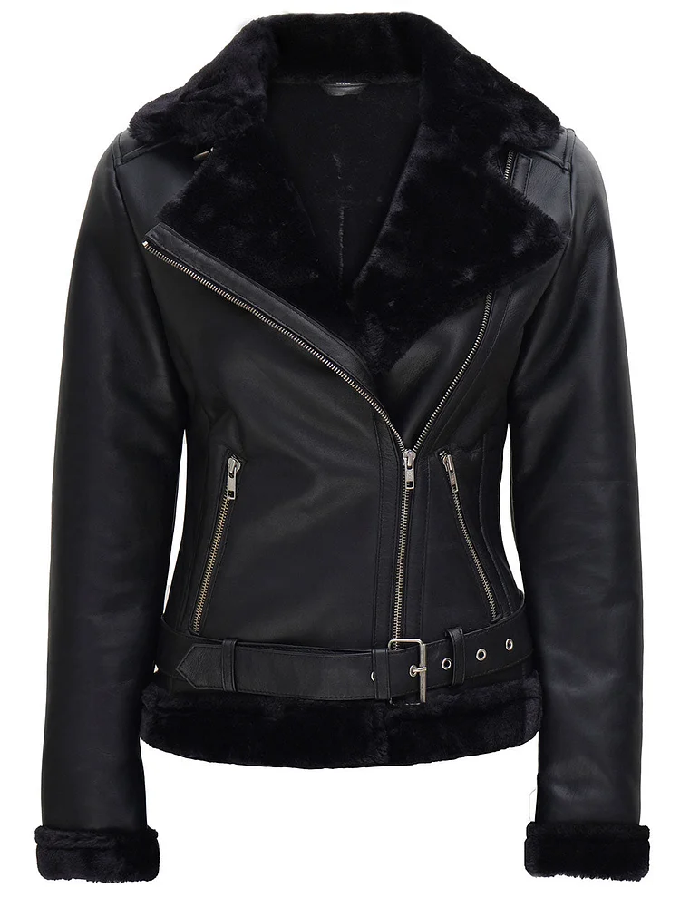 Agnes Womens Black Leather Shearling Jacket QueenFunky