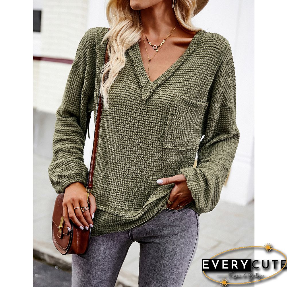 Army Green V Neck Waffle Pocket Long Sleeve Tops