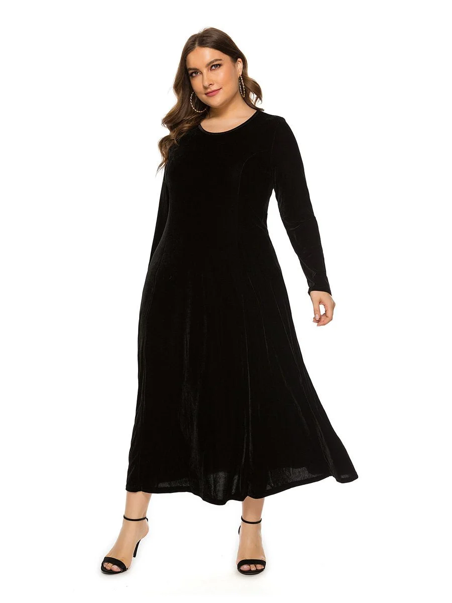 Women's Velvet Dress Round Neck Long Sleeve A-line Plus Size Dress