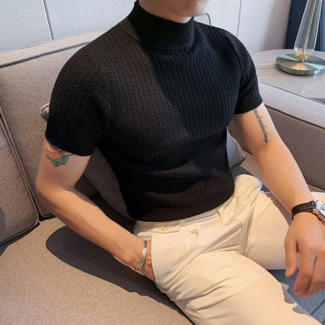 Inongge Autumn New Short Sleeve Knitted Sweater Men Clothing All Match Slim Fit Stretched Turtleneck Casual Pull Homme Pullovers
