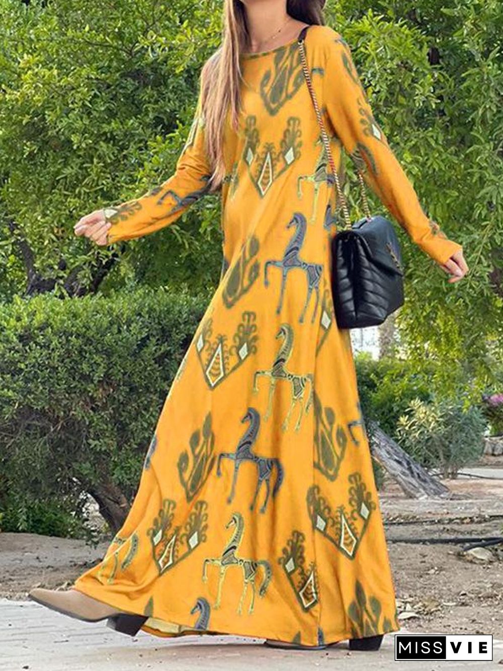 Simple Round Neck Printed Yellow Dress
