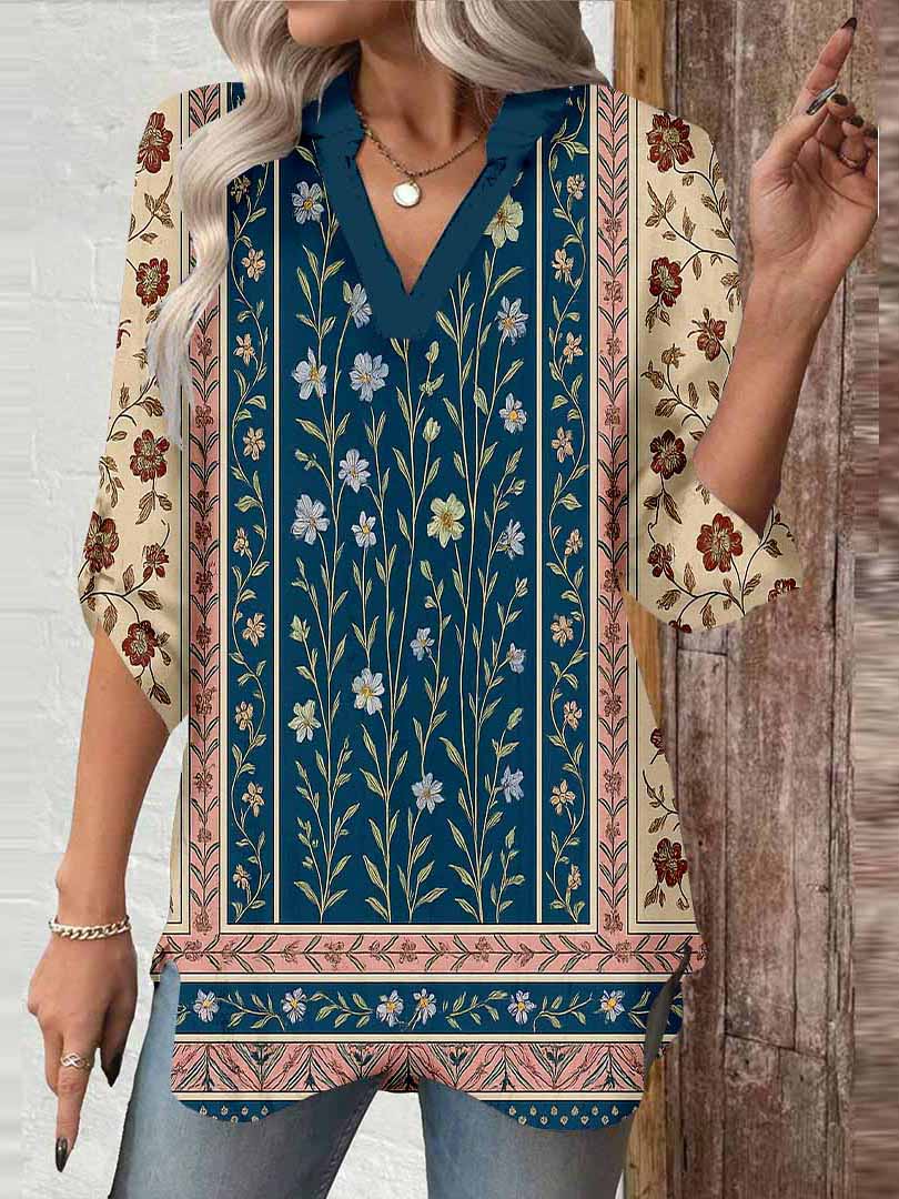 Women Bohemian,Beige,Blue,Floral DZGA0282 3/4 Sleeve V-neck Printed Graphic Button Tops