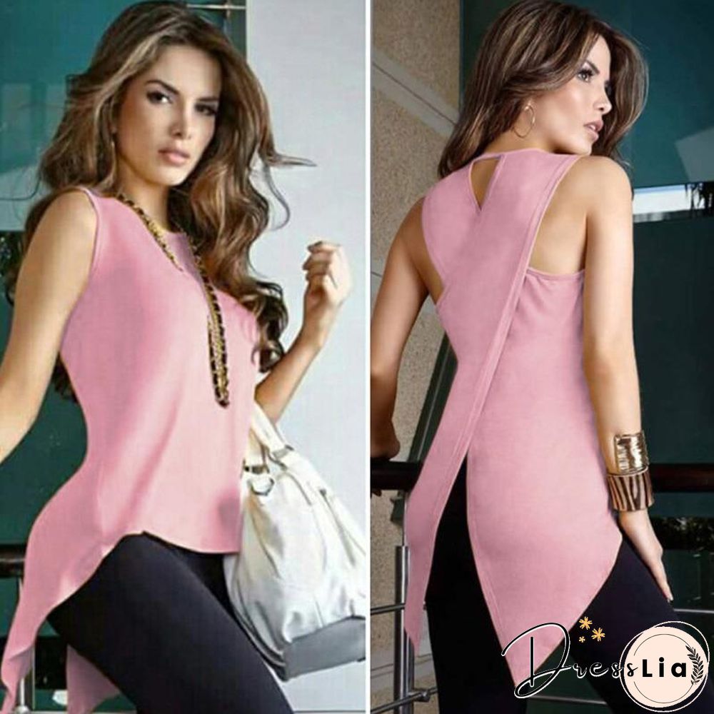 Women Cross Irregular Sleeveless Backless Tops and Blouses