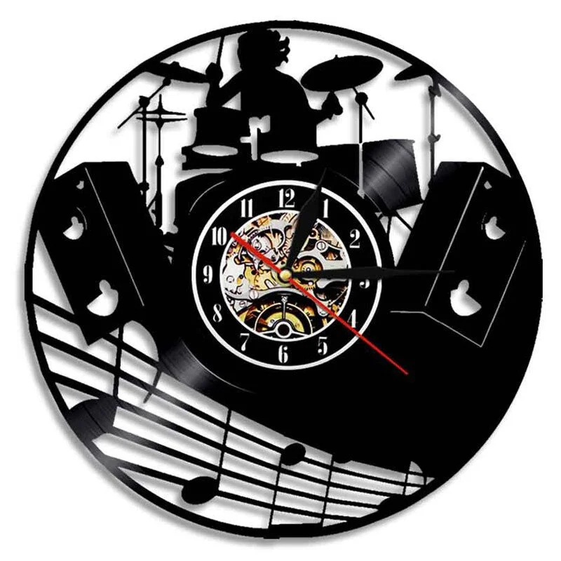 Acoustic Guitar Drum Vinyl Record Wall Clock Rock Music Theme Wall Art Musical Instrument Vinyl Clock Wall Watch Home Decor