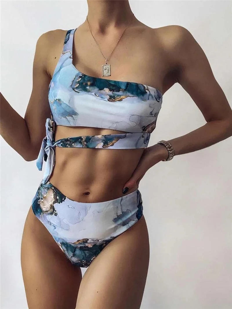 Women Print Bikini 2021 Summer New Marble Printed Push Up Bandeau Swimsuits Sexy High Waist Beach Sport Bathing Suit Biquinis