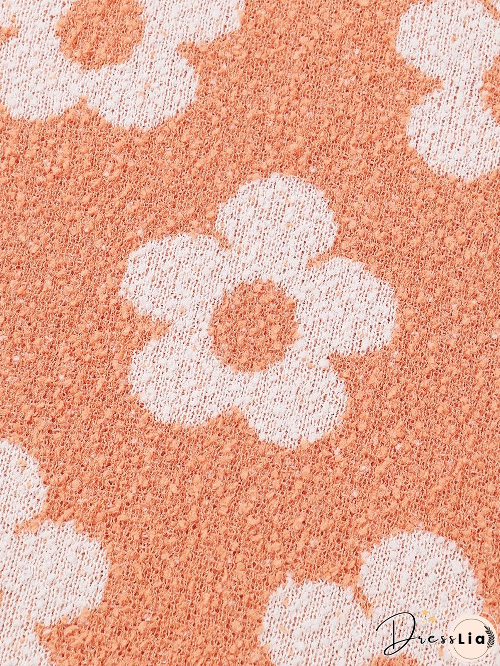 Grapefruit Orange Floral Knit Drop Shoulder Sweater with Fuzzy Texture