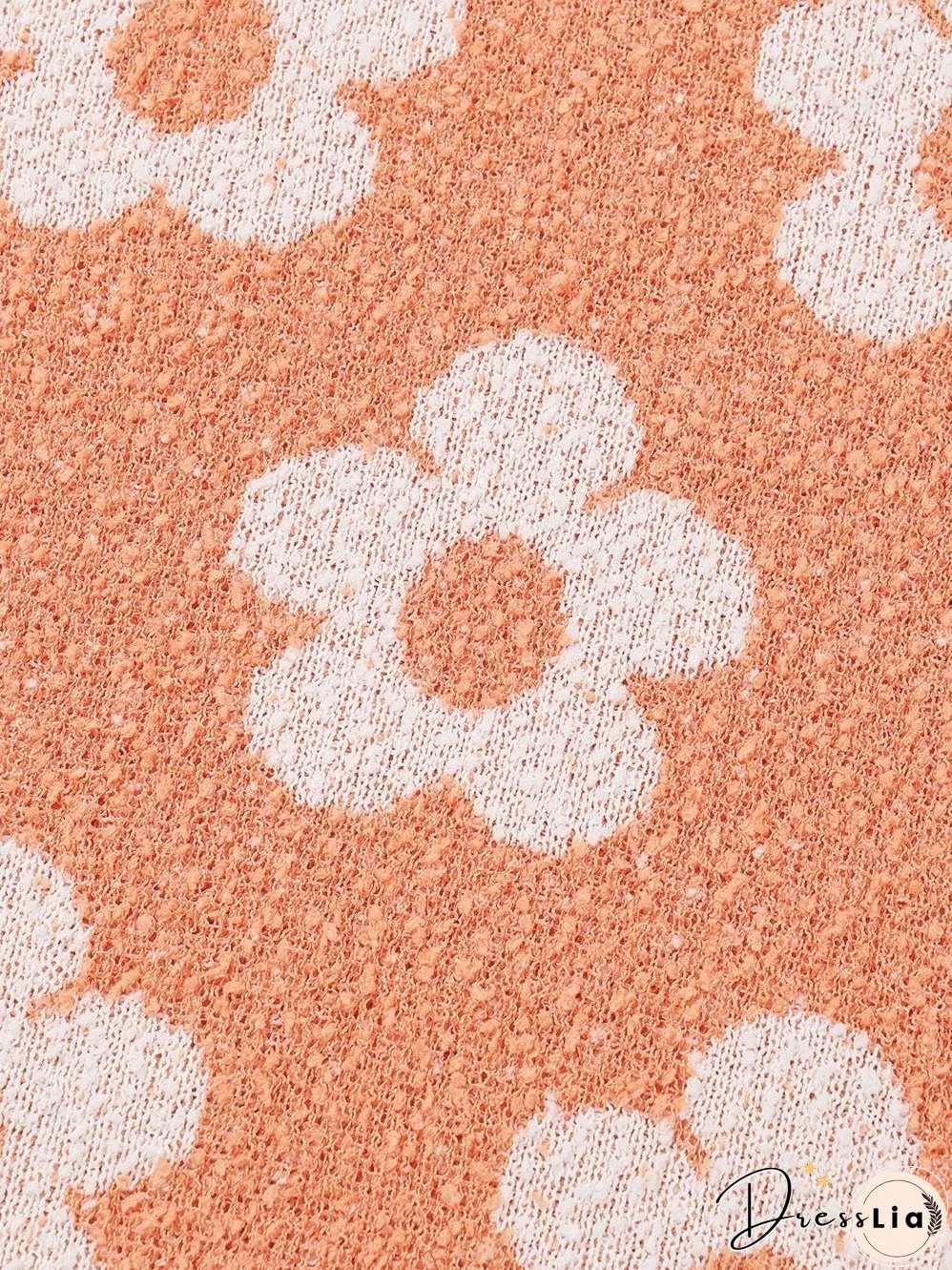 Grapefruit Orange Floral Knit Drop Shoulder Sweater with Fuzzy Texture