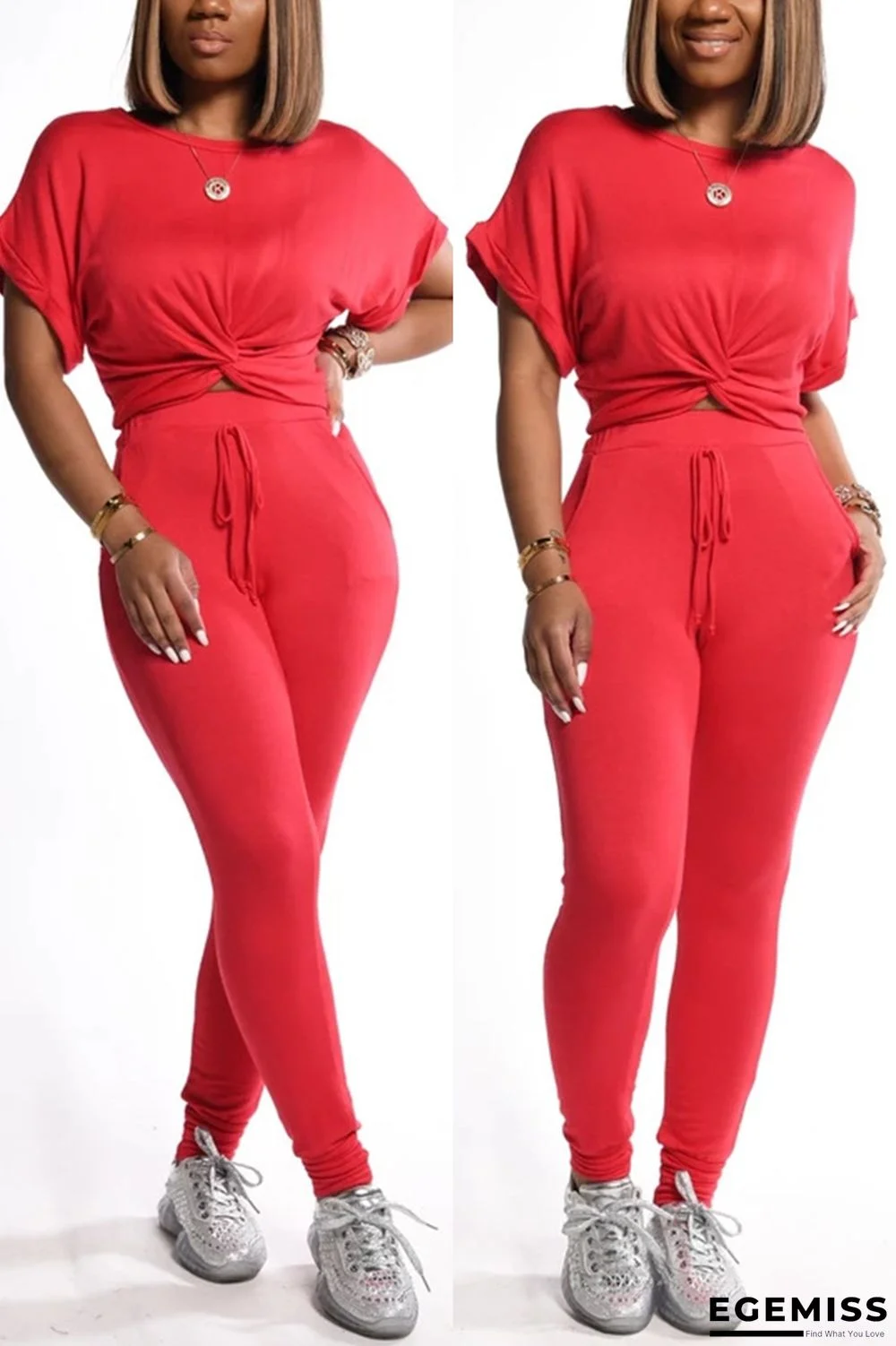 Red Fashion Casual Short Sleeve Trousers Set | EGEMISS