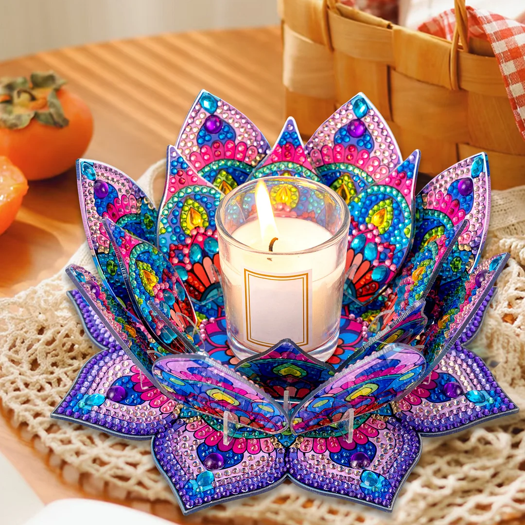 5D DIY Diamond Art Painting DIY Acrylic Desktop Ornament Flower Candle Holders Tealight Handmade Home Office Decor for Adults Beginners (Purple Lotus-A)