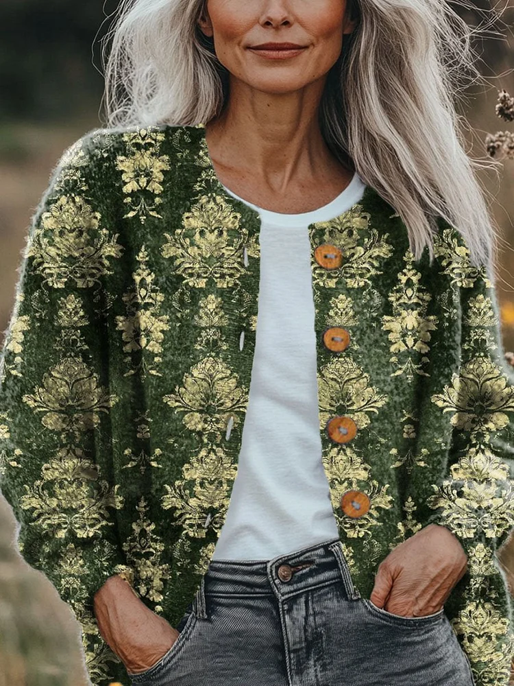 Women's Vintage Lovely Floral Art Print Buttoned Cardigan Sweater