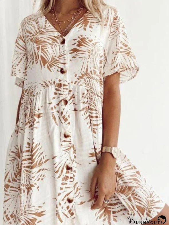 Dresses Loose Printed V-Neck Button Short Sleeve Dress for Women