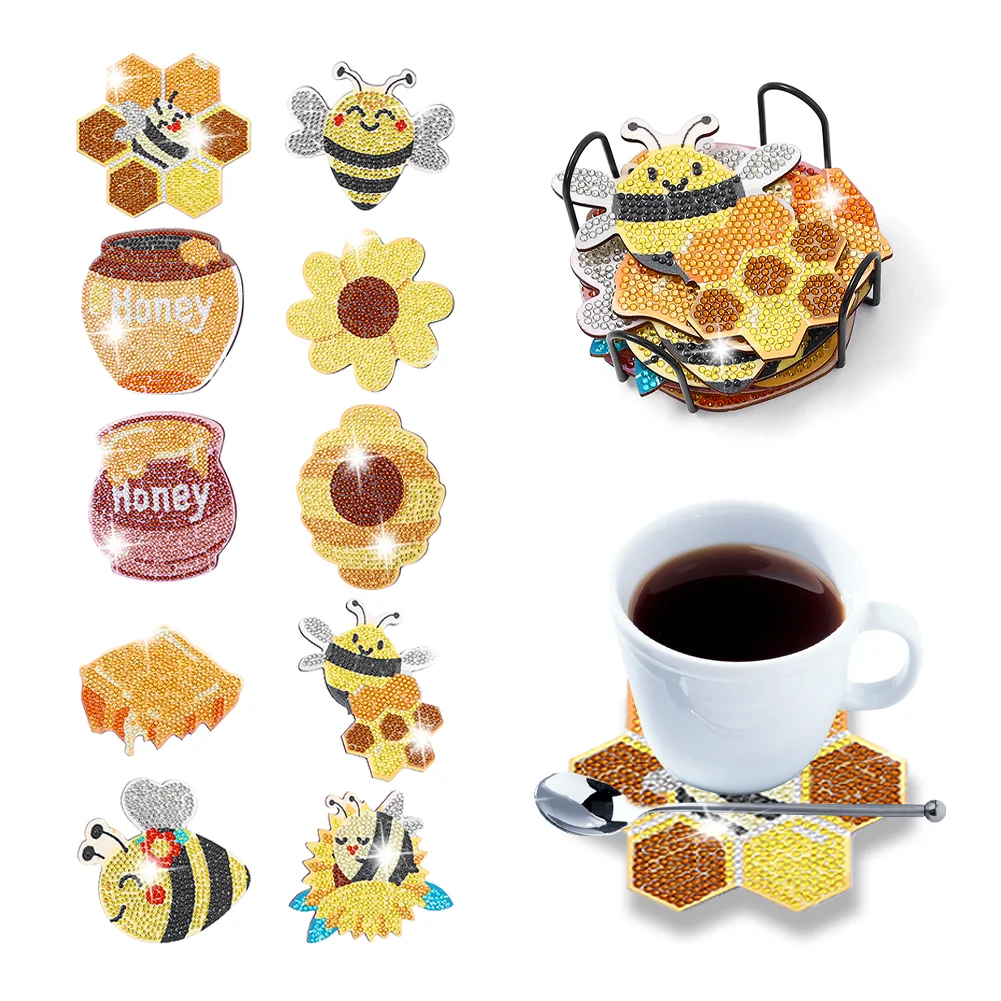 10Pcs DIY Wooden Bee Sunflower Coasters Diamond Painting Kits