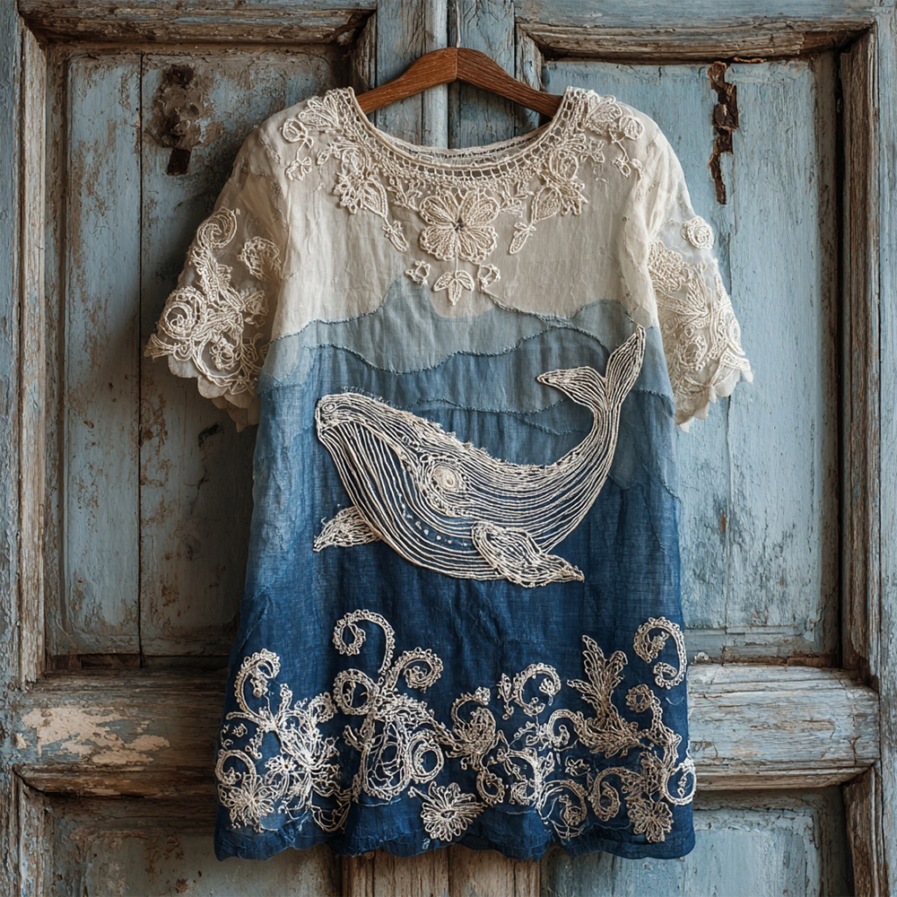 Vintage Ocean Whale Lace Embroidered Linen T Shirt wearshes