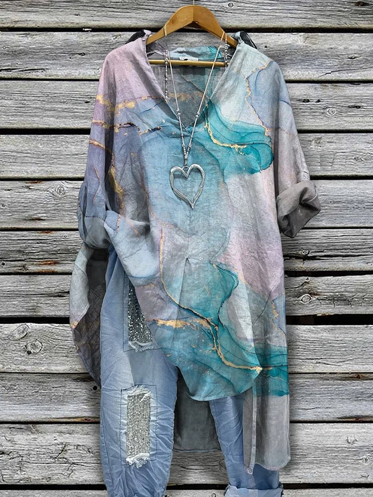 Women's Blue Marbling Print Casual Cotton And Linen Shirtdress
