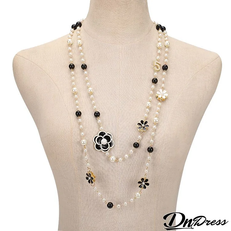 Women Fashion Camellia Pearl Double Layer Necklace