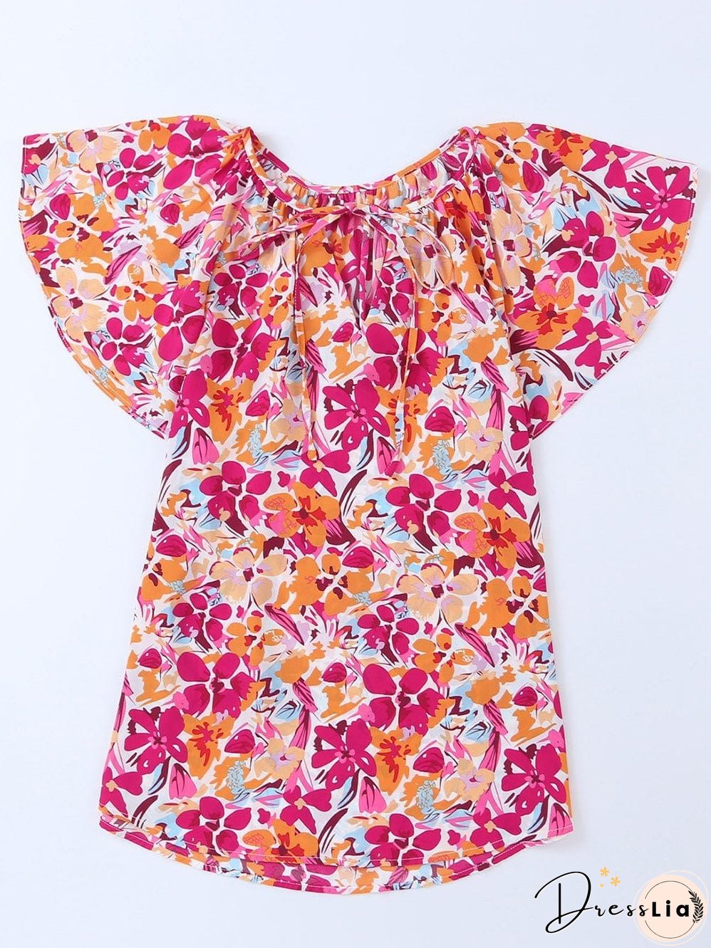 Fiery Red Floral Print Top with Flutter Sleeves