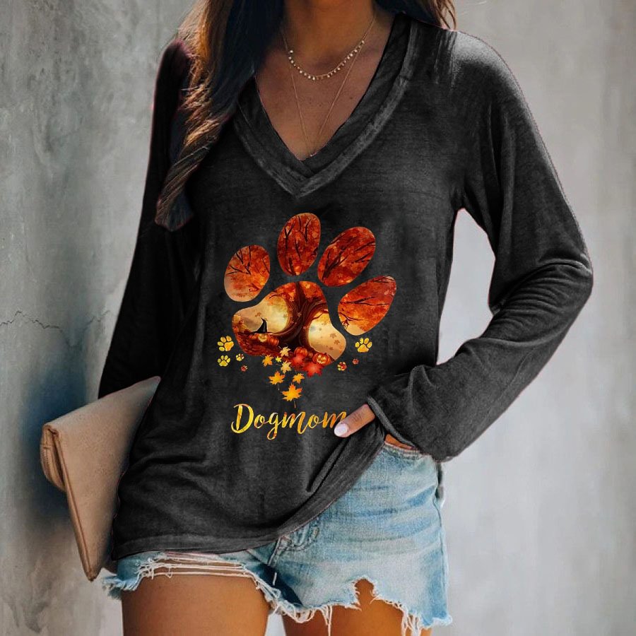 Dogmom Autumn Leaves Printed Long Sleeve Women's T-shirt