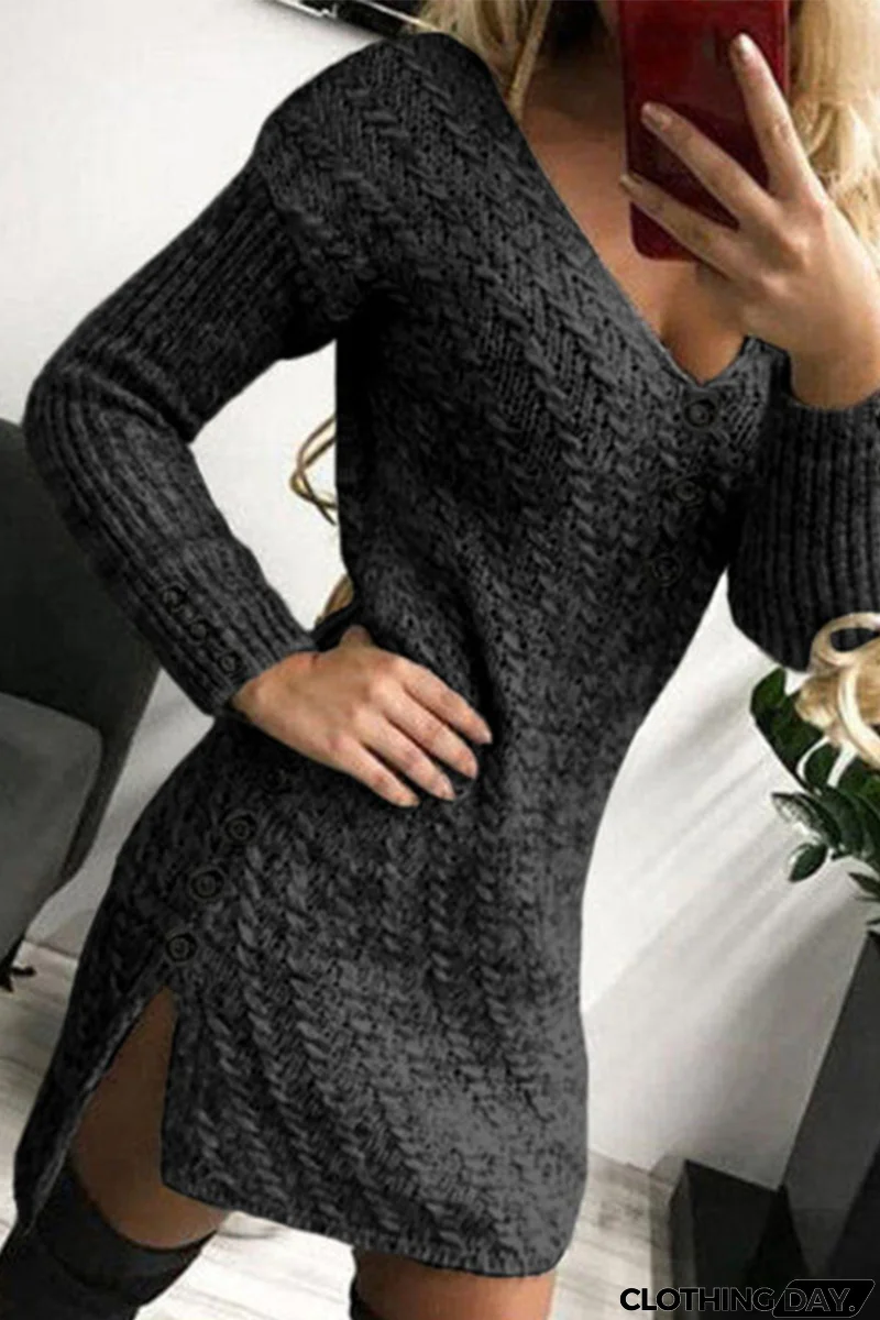 Casual Patchwork Buckle V Neck Pencil Skirt Dresses(3 colors)