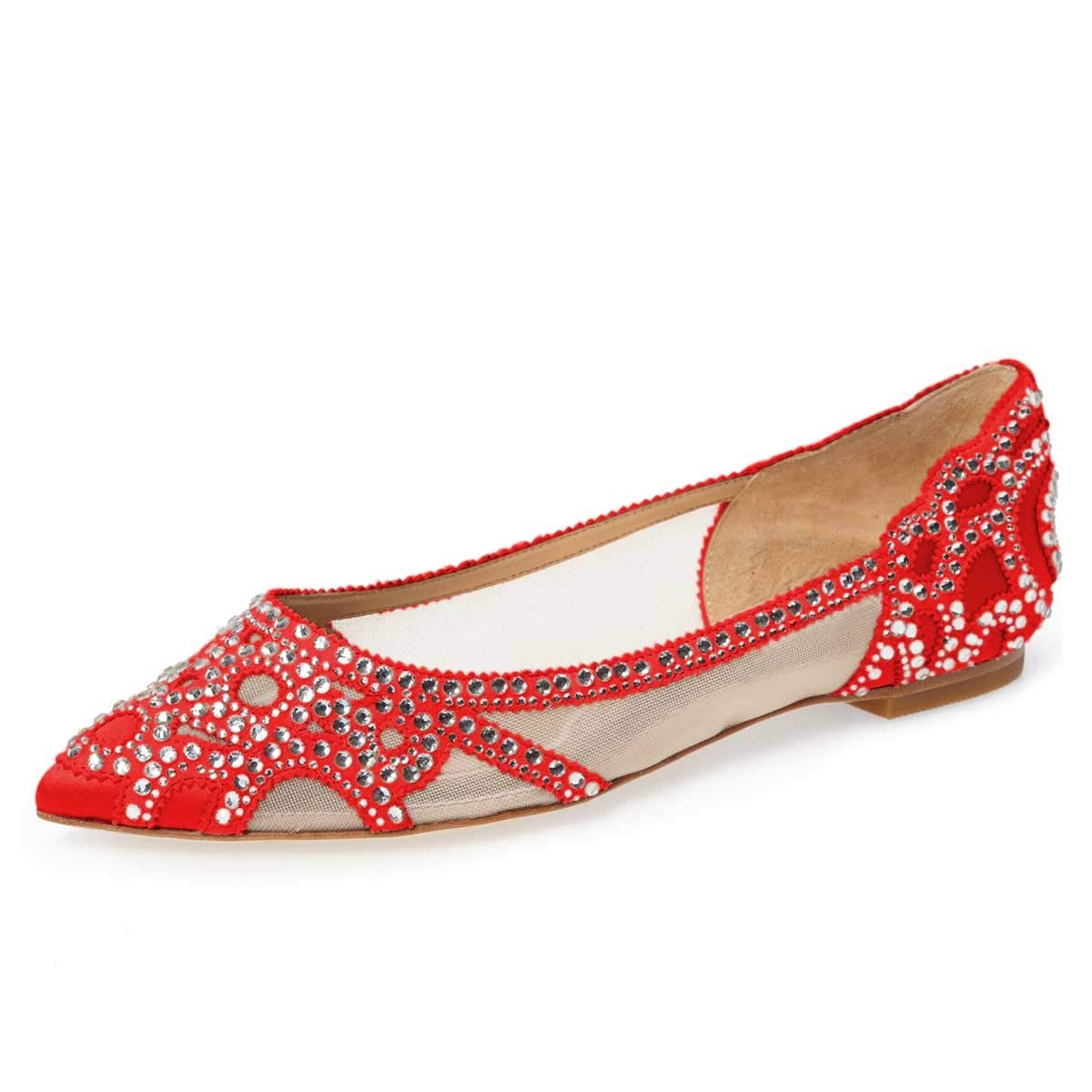 Elegant Mesh Slip-on Low Heels Pointed Toe Rhinestone Ballet Flats Nicepairs