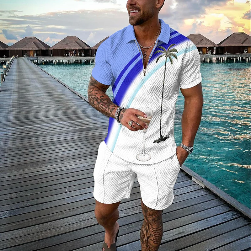 Isolated Summer Tropical Palmfrond Short Sleeve Polo Shirt And Shorts Co-Ord